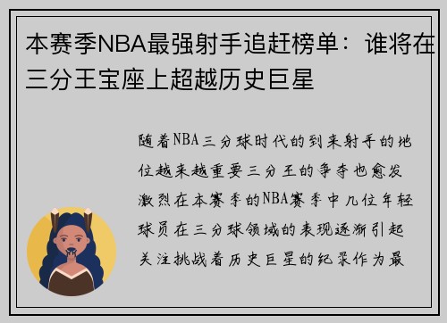本赛季NBA最强射手追赶榜单：谁将在三分王宝座上超越历史巨星